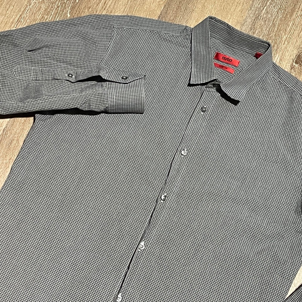 HUGO Hugo Boss "Emilio" Slim Line Gray Check Dress Shirt Long Sleeve Mens  L EUC